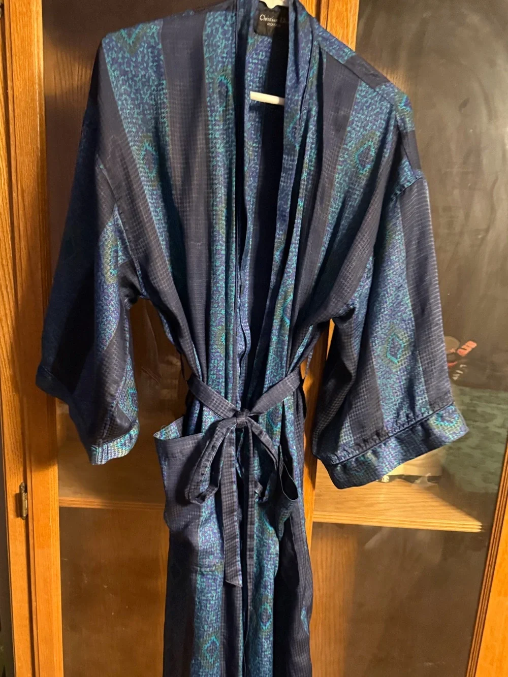Christian Dior men’s robe one size navy green & blue peacock pattern geometric